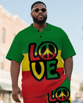 Men's Plus Size Green Yellow Red Colorblock Love Letter Print Short Sleeve Polo Shirt Shorts Suit